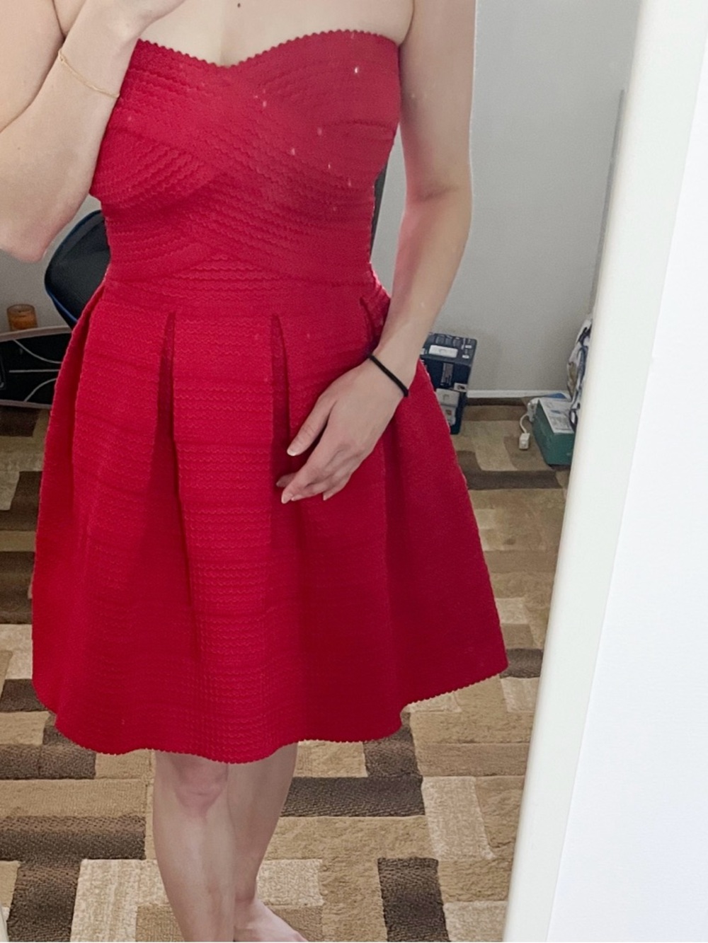 Strapless Red Pleated Fit-and-Flare Dress